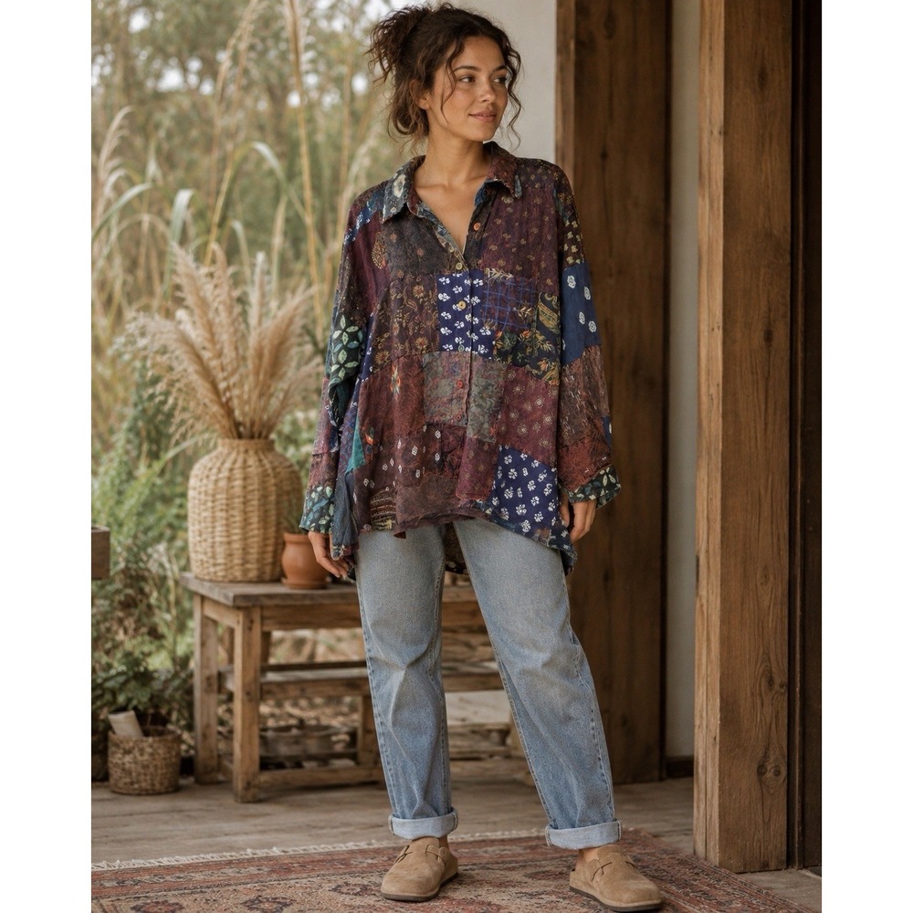 Jaded Gypsy Patchwork Sunrise Top Plum One Size NWT Boho Lagenlook Shirt